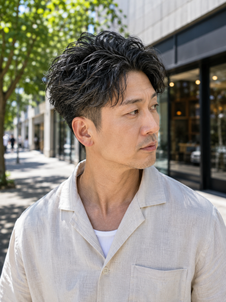 大人の余裕を演出。アップバング×ウェーブパーマ
